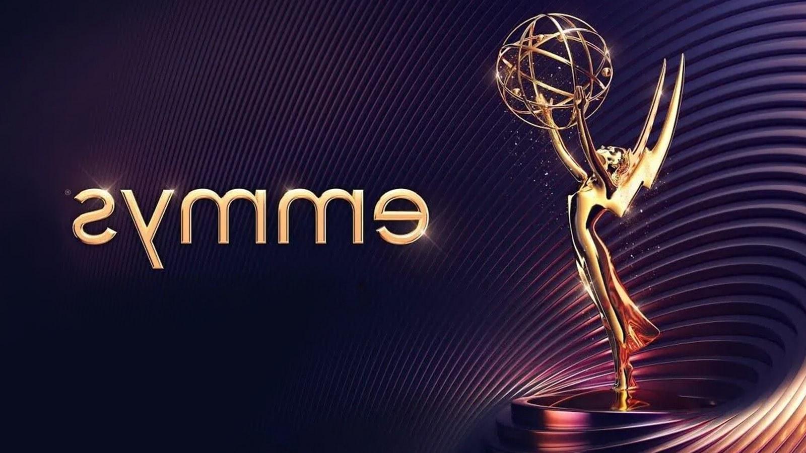 Emmy Award statuette on purple background with word Emmy spelled out.