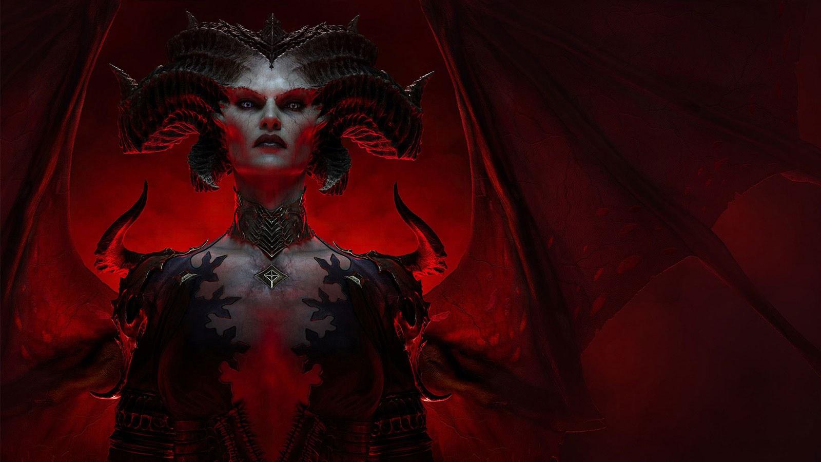 An artistic rendering of 'Diablo IV' character Lilith, a demonic looking woman with wings against a blood red backdrop.