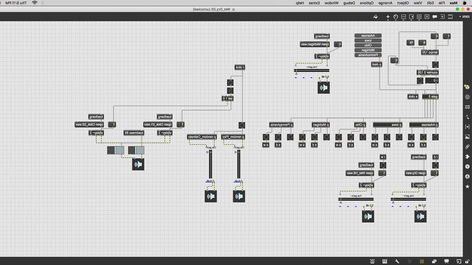 A screenshot of Max software, a visual 音乐 programming language. Boxes labeled with sounds are connected with lines to boxes labeled with the names of states.