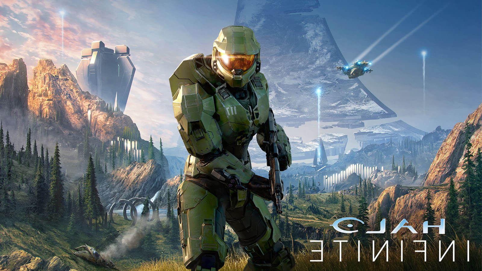 光环 main character Master Chief in signature green armor featuring the number 117 on his left chest plate in white, centered in front of a large grey triangular space ship with the words ‘光环无限’ stylized in the bottom left corner.