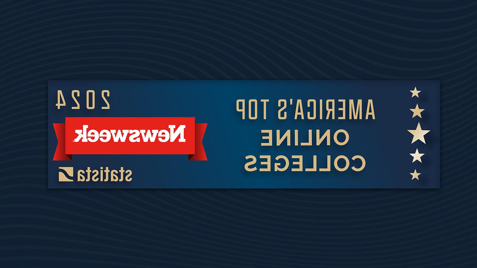 Rectangular banner that reads "America's Top Online Colleges 2024," accompanied by the Newsweek magazine and Statista logos.