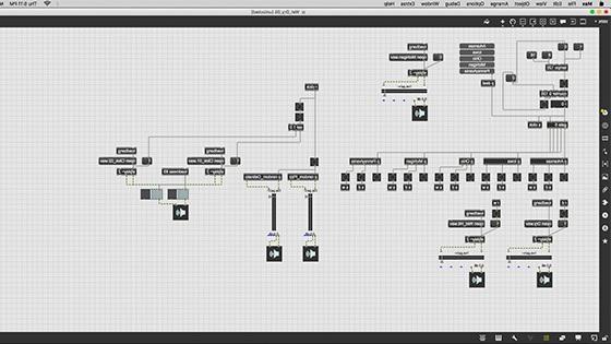 A screenshot of Max software, a visual music programming language. 标有声音的盒子用线连接到标有州名的盒子上.