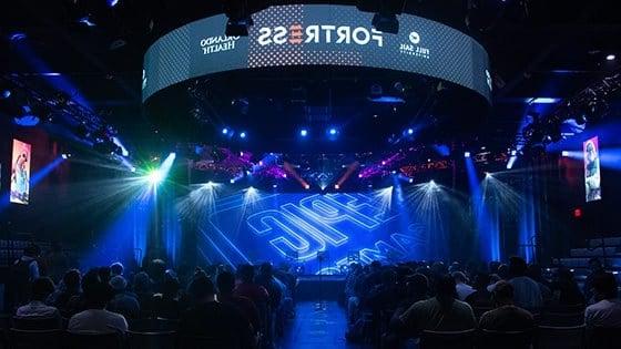 The Full Sail University Orlando Health Fortress stage with the Epic Games logo featured on the large LED screen.