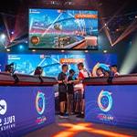 Two Special Olympians shaking hands after a match on stage at the Full Sail University Orlando Health Fortress.