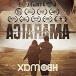 The movie poster for Amaraica. A man and a woman walk across a deserted field with their backs facing the camera.